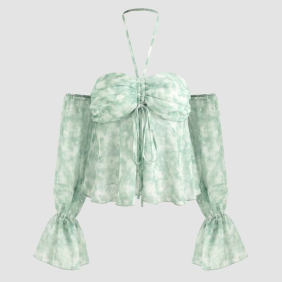 {Cider} Off-the-Shoulder Dreamy Green Printed Chiffon Puff Sleeve Blouse BNWT - Picture 1 of 11